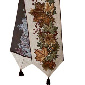 David Carter Brown Table Runner Fall Leaves Tapestry Pointed Tassel Ends